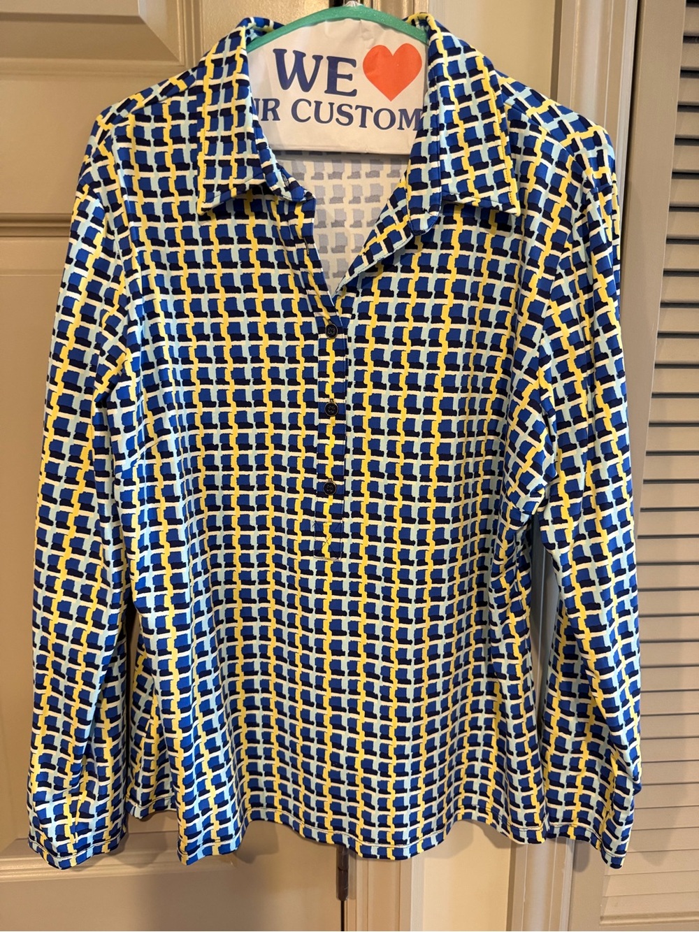 NWOTs. Never worn. J. McLaughlin Blue and Yellow Geometric Button-Front Shirt